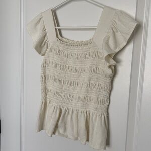 Cream Smocked Ruffle Sleeve Blouse